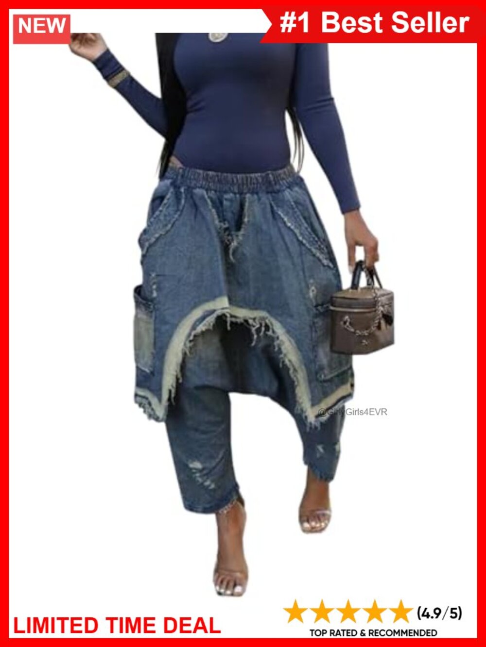 High Waisted Baggy Wide Leg Harem Jeans Stretch Denim Ripped Raw Edge